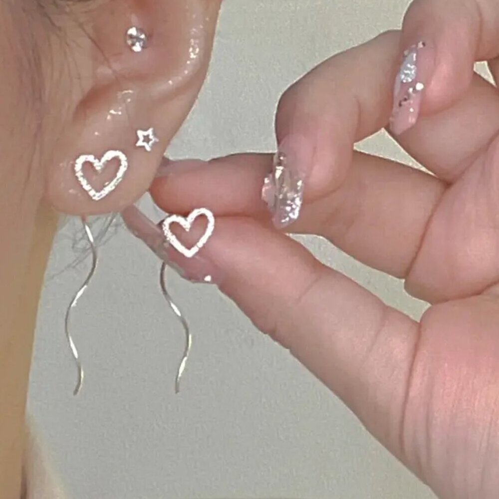 Silvery love dangle wave earrings, silver heart tassel earrings stocking stuffer